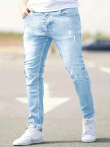 男式修身破洞弹力休闲紧身牛仔裤