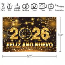 1 全新 2026 新年派对背景面料 - 金色烟花装饰 - 数字“新年快乐”横幅 - 家居装饰、婚礼、生日派对装饰 - 易于悬挂的涤纶面料背景、家居庆祝、新年假期设计，有多种尺寸可供选择 - 彩色 - 查看 16