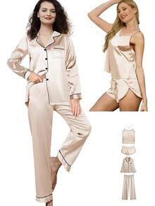 4Pcs Womens Silk Pajama Sets Satin Pajamas Set Sexy Cami Lingerie Pjs Nightwear Silky Pj Loungewear Sleepwearhalloween - 淡香檳色 - 查看 12