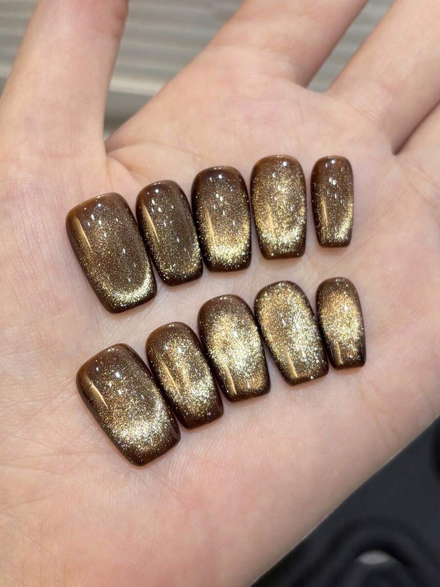 10片/套 手工制作 短款可佩戴美甲贴片，棕色猫眼闪粉美甲贴片，柔和百搭的方形美甲贴片，适合女孩日常佩戴、外出、节日、派对、生日等场合，可卸可重复使用。 - 咖啡棕 - 查看 1