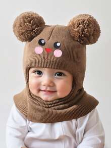 1 pezzo Passamontagna da sci a forma di coniglio per neonati 0-3 anni, berretto con doppia palla per bambini e bambine, cappello invernale lavorato a maglia, accessori essenziali per bebè - Multicolore - Visualizzare 5