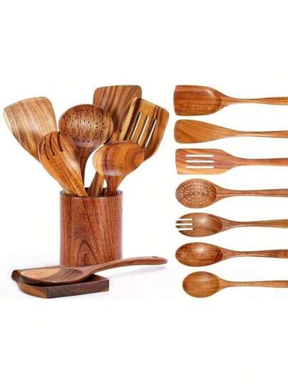 7 件木制厨房用具套装 - 包括勺子、锅铲、钢勺 - 烹饪工具，适合家庭聚会和派对，柚木制成，高端生活，优质