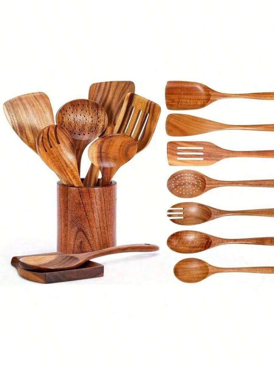 7 件木制厨房用具套装 - 包括勺子、锅铲、钢勺 - 烹饪工具，适合家庭聚会和派对，柚木制成，高端生活，优质