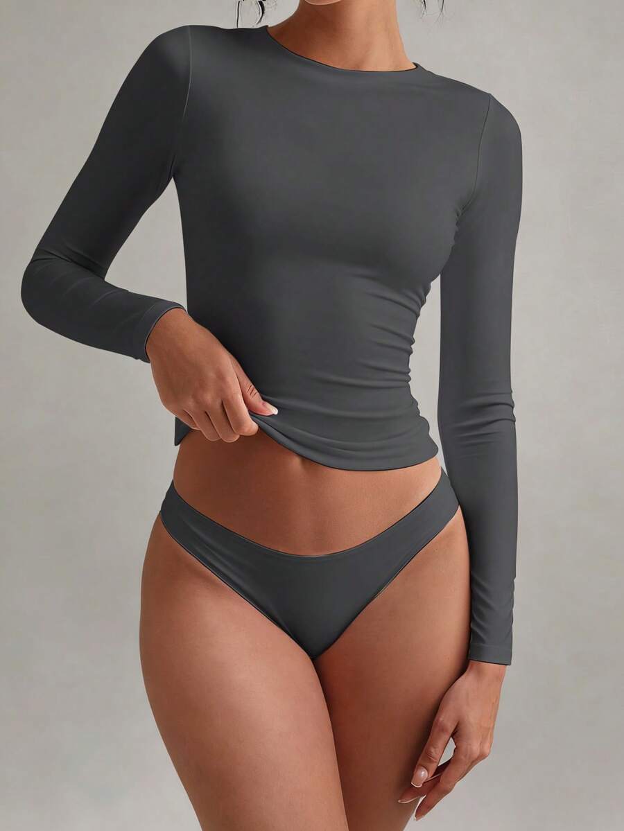 XLLAIS 秋冬新款春季弹力修身打底衫女式休闲夜店长袖亮红色T恤 - 深灰色 - 查看 1