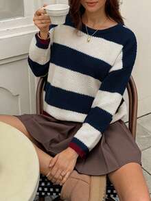 Just Masa Woman's Autumn And Winter New Color Blocked Round Neck Knitted Pullover Graduation Sweater Loose Long Sleeve Going Out Tops