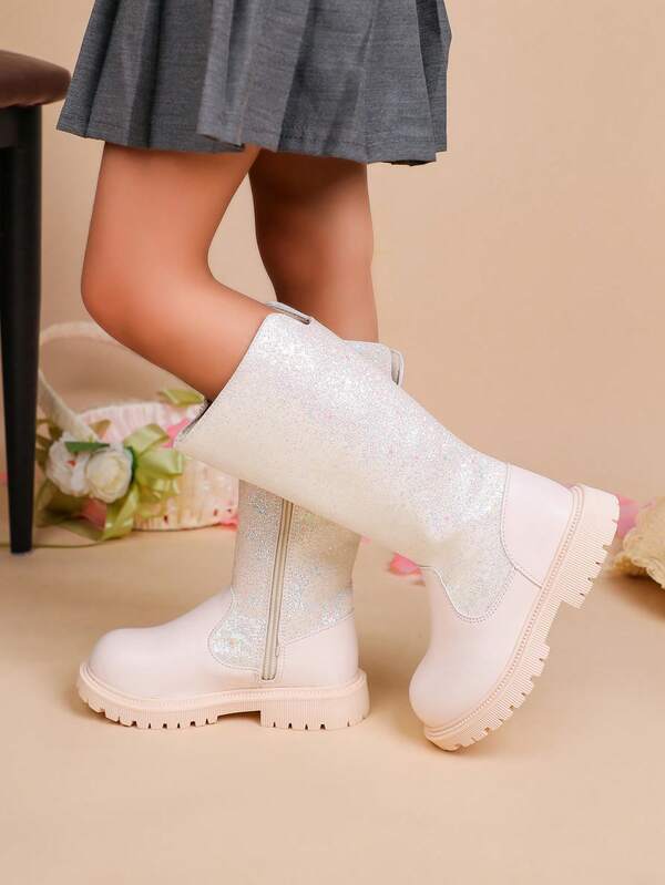 1 par de botas de cano alto brilhantes para meninas com zíper lateral, bico redondo e sola grossa, botas da moda adequadas para meninas de 2 a 15 anos, alunos do ensino fundamental e médio, atividades ao ar livre, festivais e festas