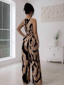 Palazzo Elegante,Monos De Mujer Con Cuello De Halter,Con Tela Estampada Y Fruncido,Elegante Para Vacaciones Y Uso Diario - Marrón - Ver 2