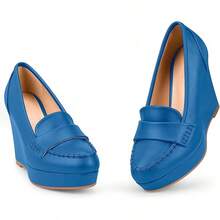 Women's Platform Loafer Wedge Pumps Slip-On Office Casual Penny Loafer Shoeshalloween - Xanh đậm - Xem 9