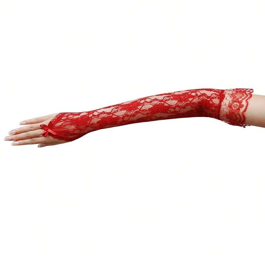 Flower Pattern Fingerless Lace Gloves With Elastic Ruffle Trim{"Color_name":"Red"} - 紅色 - 查看 1