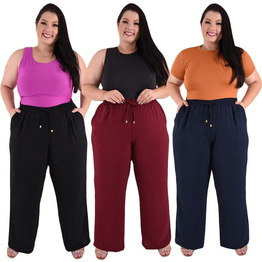 Kit 3 Patanlona Plus Size Pants Women's High Waist Pockets Stylish Elegant Pockets - Đen-Marsala-Navy - Xem 1