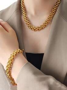 2pcs/Set Stainless Steel Personalized Hip-Hop Exaggerate Thick Chain Necklace + Bracelet Jewelry Set, Suitable For Daily Wear, Festival Gift - Yellow Gold - View 3