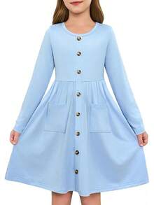 Girls Dresses Kids Button Down Midi Long Sleeve Casual A Line Dress With Pockets 4-14 Years - Xanh nhạt - Xem 11