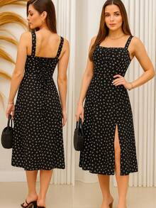 Women's Floral Dress With Slit, Summer 2025 - 黑與白 - 查看 2