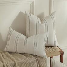 1 件亚麻抱枕套，波西米亚纹理枕套，米色配白色和海军蓝针色织条纹靠垫套，适用于沙发客厅（仅枕套）