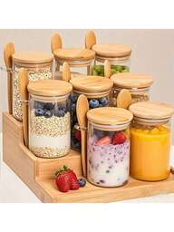 Recipientes para avena overnight con tapas, 4 paquetes de tarros de 16oz para avena overnight con cucharas, tarros para preparar ensaladas con tapas de bambú para pudín de chía, ensalada, cereal, café, harina, tarro para masa madre de pan como regalo del Día de la Madre