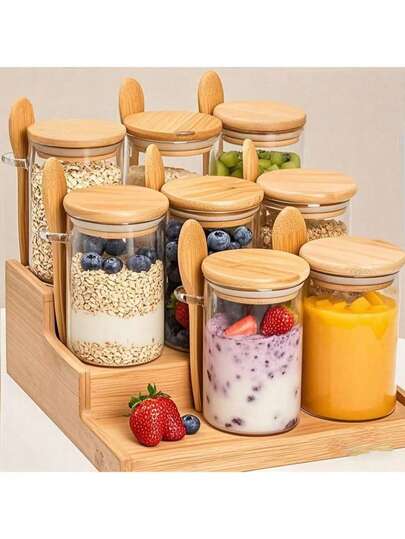 Overnight Oats Containers With Lids, 4 Packs 16oz Overnight Oats Jars With Spoons, Salad Meal Prep Jar With Bamboo Lids For Chia Seed Pudding Salad Cereal Coffee Flour, Sourdough Starter Jar For Bread Mother'S Day Gift