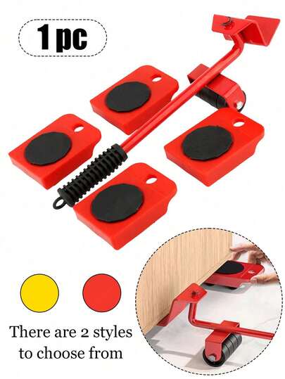 Heavy Duty Furniture Lifter & Mover Tool Kit With 360° Swivel Wheels - 5 Piece Non-Scratch Floor Sliders For Wood/Tile/Carpet | Professional-Grade Sofa/Dresser/Refrigerator Moving System | Apartment Moving Essentials, Dorm Room Setup & Home Renovation Tool | Ergonomic Leverage Lifters,Perfect For Solo Movers, Elderly & Home Renovation (Yellow/Red)