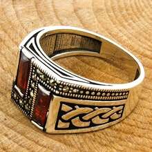 Vintage-Style Men's Ring With Synthetic - Rectangular Cut, High-Quality Stainless Steel Band, Comfortable & Durable For Daily Wear - Nhẫn vuông màu đỏ - Xem 4