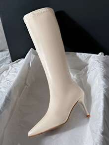 Square Toe Thick Heel Side Zipper Super High Heel Suede Minimalist Style Knee-High Boots For Women