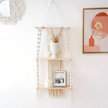 Woven Wall Hanging Rack, Bohemian Style Handwoven Hanging Rack, Wood Finish Storage Rack, Suitable For Bedroom And Bathroom Decoration, Bohemian Wall Decoration, Floating Shelf - 米色 - 查看 3