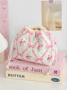 1 Piece Pink Bow Pattern Drawstring Cosmetics Pouch Foam Quilted Makeup Bag Stylish Skincare Storage Bag Retro Floral Print Drawstring Makeup Pouch Large Capacity Makeup Brushes Organizer Bag Lovely Cherry Print Tissue Paper Organizer Bag Girls'Accessories Storage Bag Drawstring Travel Toiletry Bag Dust Proof Storage Bag Portable Drawstring Closure Pouch Stationery Jewelry Organizer Bag Travel Pouch,Sundries Storage Bag - Multicolor - View 9