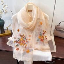 杏色串珠刺繡長圍巾，優雅女款披肩，夏季防曬頭巾，冬季保暖，旅行裝飾長巾禮物 - 杏色 - 查看 5