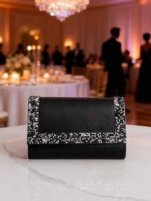 Geantă de mână cu clapă decorată cu sclipici, geantă de mână din piele PU, poșetă formală pentru petreceri, geantă de umăr cu lanț, geantă la modă