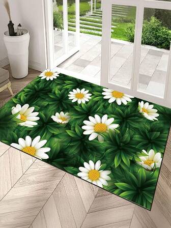 1pc Nordic Style Daisy & Green Plant Print Doormat, Odorless Absorbent Non-Slip Outdoor Carpet, Christmas Decor, Decorative Rug, Entrance Doormat, Suitable For Christmas, Living Room, Bedroom, Kitchen, Entrance, Multiple Styles Available, Suitable For Party, Gathering, Holiday, Gift Giving