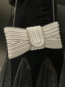 Plus Size High Quality A-Grade Rhinestone Bow Faux Pearl Shiny Crystal Evening Clutch Bag, Chain Shoulder Strap, Fashion Hand Carry Envelope Clutch Purse For Formal Gown And Party, Elegant Faux Pearl Bag, Elegant Pearl Clutch, Prom Bag