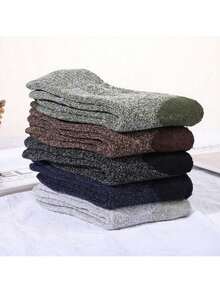 5 Pairs Of Mixed Color Men's Mid Length Socks, Warm And Thick Winter Long Socks, Knitted Fabric, Crew Socks Plush Couple Socks
