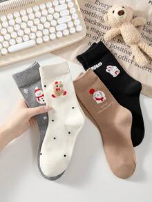 4 双新年女式圣诞雪人中筒袜，可爱卡通植绒保暖中筒袜，秋冬袜 - 彩色 - 查看 11