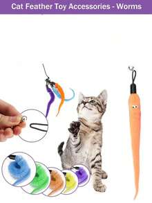 猫玩具套装，彩色羽毛，逗猫棒，铃铛毛毛虫，可替换逗猫棒头，室内外均可使用，训练，自娱自乐，缓解无聊（蓝色、黑色，替换头颜色随机）