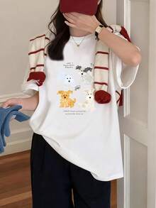 Japanese-Style Women's Casual Round Neck Loose Fit Printed Casual Cute Short Sleeve T-Shirt For Vacation Spring/Summer - White - View 2