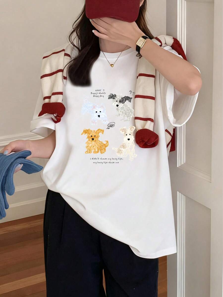 Japanese-Style Women's Casual Round Neck Loose Fit Printed Casual Cute Short Sleeve T-Shirt For Vacation Spring/Summer