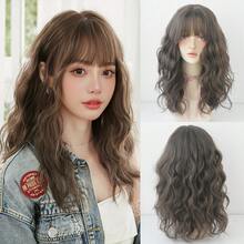 NAMM 22英寸棕色卷发假发，带刘海，自然造型，合成耐热纤维，适合女孩角色扮演派对、音乐节、街头嘻哈、Y2K风格假发