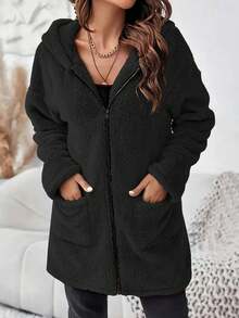 Plus Size Women Casual Solid Color Hooded Long Sleeve Zipper Pocket Design Fluffy Jacket, Fashionable & Elegant For Daily Commute And Street Style, Suitable For Autumn And Winter