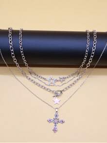 Set de 3 collares con colgantes de corazón, estrella y cruz con strass en color rosa, estilo dulce y elegante gótico con adornos de strass, adecuado para uso diario, fiestas, reuniones y regalos para amigos