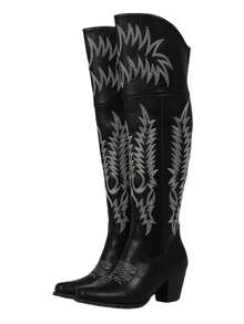 Women's Knee High Cowgirl Boots Black Boots Side Zippers Chunky Heel Pull On Shoes Jaripeo Cowgirl Outfits For Women Combat Boots For Women Western Country Embroidery Style Country Concert Sexy Fashion Winter Fall Boots Festival Shoes - 黑色 - 查看 10