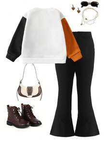 Bộ 2 áo nỉ cổ tròn tay dài in hình mèo hoạt hình dễ thương + quần ống loe có gân, dành cho bé gái mùa thu - Nhiều màu - Xem 2