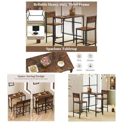 Dining Table Chairs, 3 Piece Metal Frame Kitchen Counter Furniture Include 1 Table And 2 Chairs, Home Office Living Room Breakfast Bar Table Set With