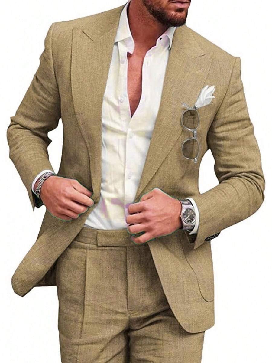 Costumes For Men New Men's Plus Size Two-Piece Suit Set Single-Button Linen Solid Color Suit - 卡其 - 查看 1