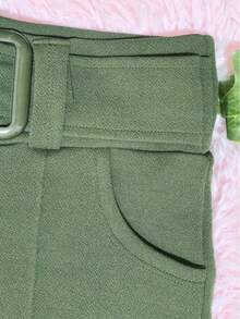 Women's Flared Trousers In Crepe Fabric, With Pockets, Fixed Belt And Buckle - 軍綠色 - 查看 5
