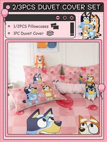 Bluey 2/3件套布鲁伊床上用品套装，布鲁伊气球图案，柔软透气，亲肤舒适，卡通风格被套套装，柔软抗起球，精美家纺，冷色调被套和枕套，不含被芯，适用于单人床、双人床、大号床、特大号床，四季皆宜。 - 彩色 - 查看 2