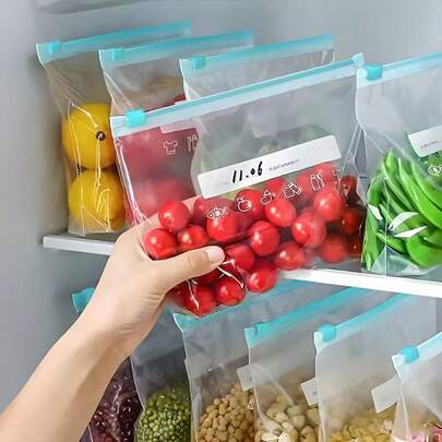 可重复使用的透明拉链食品储存袋，耐用的塑料食品储存袋，可重复使用的密封食品储存袋，带有颜色编码标签和清晰的设计 - 3 种尺寸（小/中/大）| 重型塑料拉链封口，节省空间的厨房冰箱、橱柜、冰柜收纳袋 | 防漏、防潮、耐用的水果塑料袋
