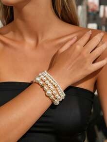 Set de 4 piezas de pulseras elegantes y vintage con cuentas de perlas falsas de ABS