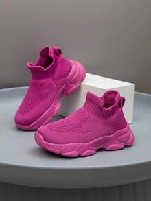 1 Pair Kids' Sneakers, Breathable Elastic Soft Shock-Absorbing Quick-Drying Lightweight Waterproof Combination Of Fabric And Leather Upper, Casual Street Style Suitable For Running, Walking, School, Knitted - Red Violet - View 3