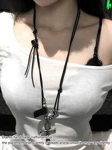 1 Stück Lederband Anch Kreuz Anhänger Lange Halskette, Y2K Chic Mode Metall Schwarze Halskette für Frauen, geeignet für Party, Treffen, tägliches Outfit Kombinieren