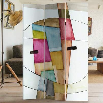 Bakaji Paravento Separè 3 Pannelli Struttura in Legno Rivestimento in Tela con Stampa Fronte Retro Quadro Astratto Divisorio Richiudibile Pieghevole Design Moderno