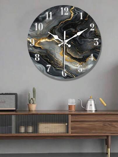 1pc Non Ticking Wooden Wand Klok Abstract Marble Texture Golden Accents, Moderne Circular Living Room, Bedroom, Office, Balcony (10"/12" Battery Not Included), Stylish Timepiece, Contemporary Nobattery