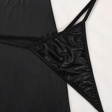 2 件套全新女式 PU 睡衣，拉链性感内衣蕾丝拼布吊带睡袍和内裤套装 - 黑色 - 查看 9